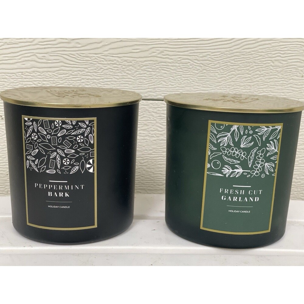 Lot of 2 Place & Time 3-Wick Scented Holiday Candles Peppermint Bark & Fresh Gar